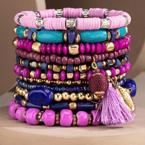 NWT Boutique Purple Bohemian Hippy Boho 11 Multi Layered Mixed Beads Bracelets - Picture 1 of 2